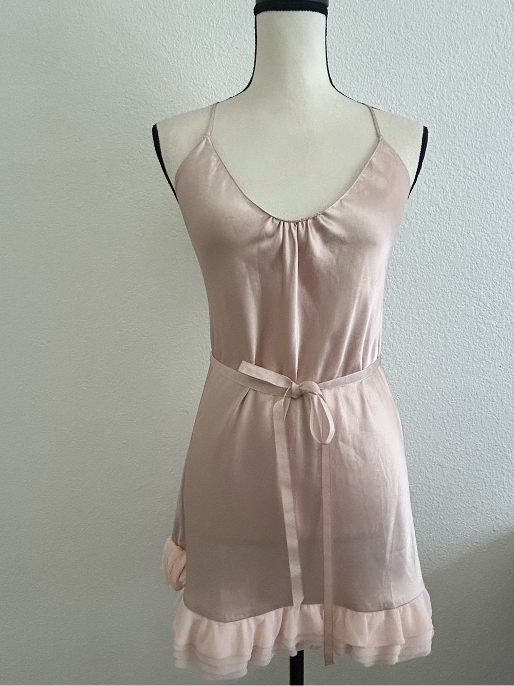 VICTORIA SECRET Blush Pink Satin Slip Nightgown LAYERED RUFFLE HEM WAIST TIE